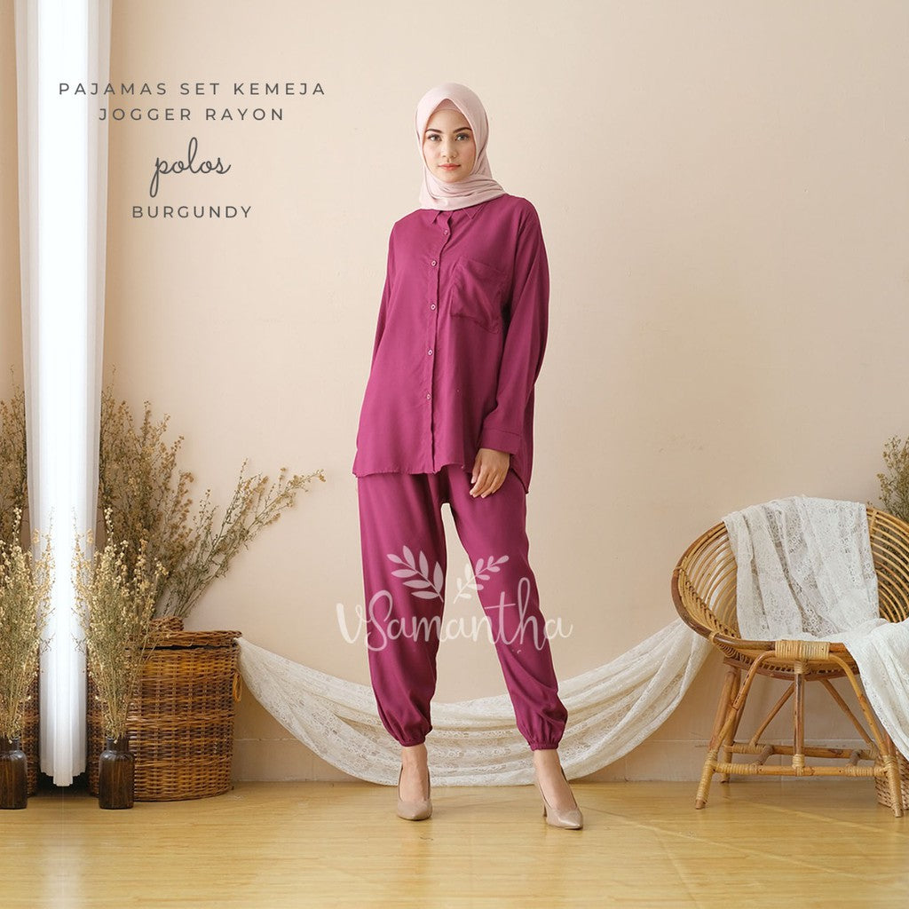 Pajamas Set Kemeja Jogger Rayon Polos