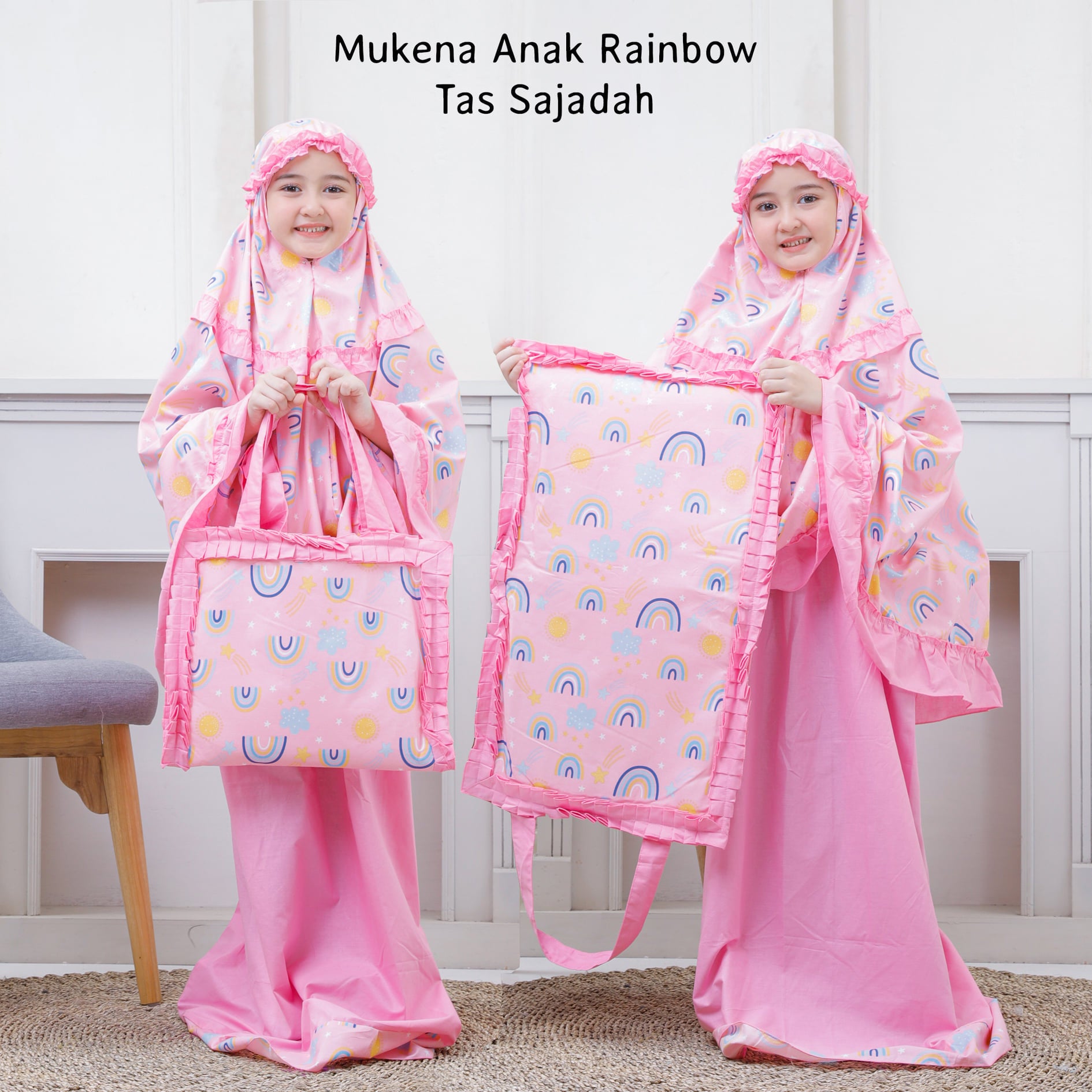 Mukena Anak Katun Rainbow Pink ( Tas Sajadah )